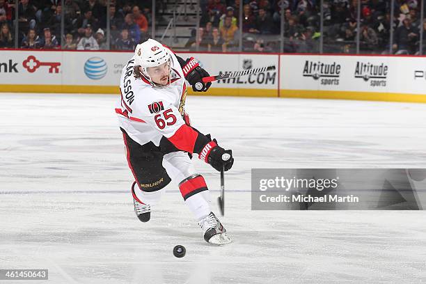 Erik Karlsson of the Ottawa Senators breaks his stick in half during a slap shot against the Colorado Avalanche at the Pepsi Center on January 08,...