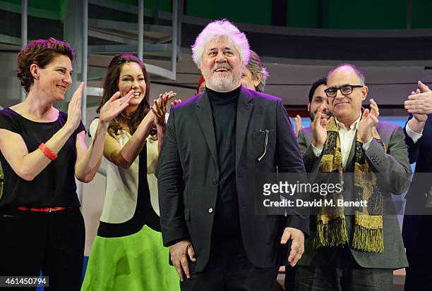 Tamsin Greig, Anna Skellern, writer David Yazbek and Pedro Almodovar bow at the curtain call during the press night performance of "Woman On The...