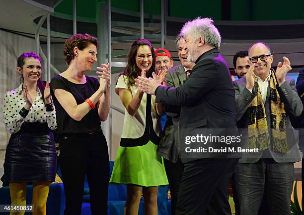 Seline Hizli, Tamsin Greig, Anna Skellern, director Bartlett Sher, Pedro Almodovar and writer David Yazbek bow at the curtain call during the press...