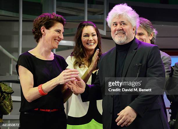 Tamsin Greig, Anna Skellern and Pedro Almodovar bow at the curtain call during the press night performance of "Woman On The Verge Of A Nervous...