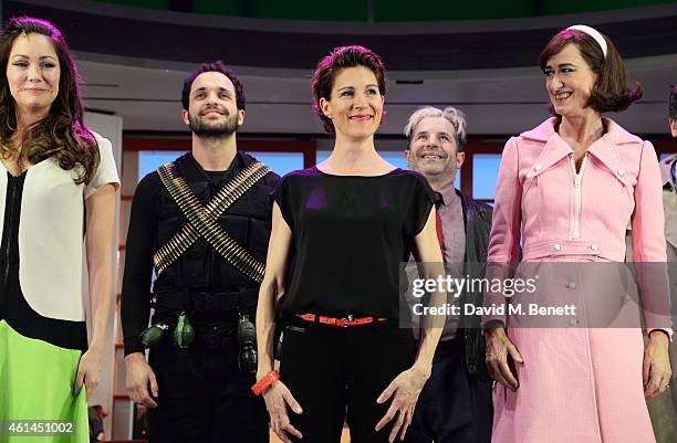 Anna Skellern, Nuno Queimado, Tamsin Greig, Michael Matus and Haydn Gwynne bow at the curtain call during the press night performance of "Woman On...