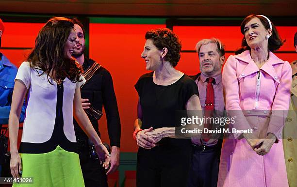 Anna Skellern, Nuno Queimado, Tamsin Greig, Michael Matus and Haydn Gwynne bow at the curtain call during the press night performance of "Woman On...