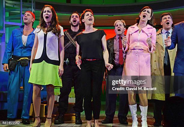 Alastair Natkiel, Anna Skellern, Nuno Queimado, Tamsin Greig, Michael Matus, Haydn Gwynne and Dale Rapley bow at the curtain call during the press...