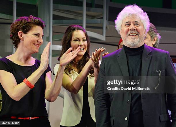 Tamsin Greig, Anna Skellern and Pedro Almodovar bow at the curtain call during the press night performance of "Woman On The Verge Of A Nervous...