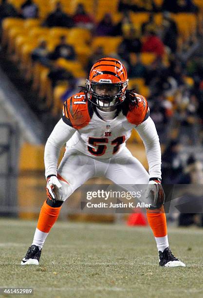Jayson DiManche of the Cincinnati Bengals plays against the Pittsburgh Steelers during the game on December 15, 2013 at Heinz Field in Pittsburgh,...