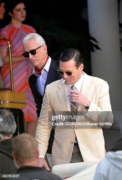 John Slattery and Jon Hamm are seen filming "Mad Men" on March 05, 2013 in Los Angeles, California.