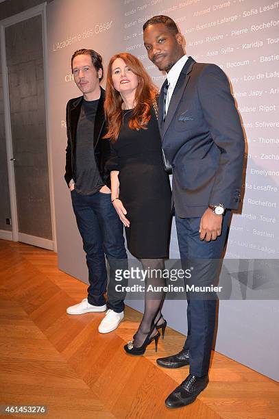 Reda Kateb, Marie-Castille Mention-Schaar and Ahmed Drame attend the 'Cesar - Revelations 2015' Cocktail Party at Salons Chaumet on January 12, 2015...
