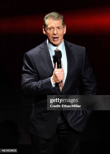 Chairman and CEO Vince McMahon speaks at a news conference announcing the WWE Network at the 2014 International CES at the Encore Theater at Wynn Las...
