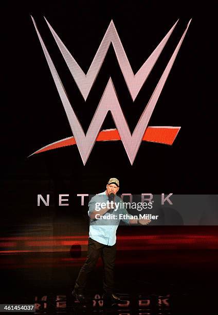 Actor and WWE personality "Stone Cold" Steve Austin speaks at a news conference announcing the WWE Network at the 2014 International CES at the...