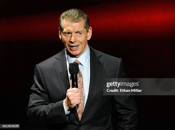 Chairman and CEO Vince McMahon speaks at a news conference announcing the WWE Network at the 2014 International CES at the Encore Theater at Wynn Las...