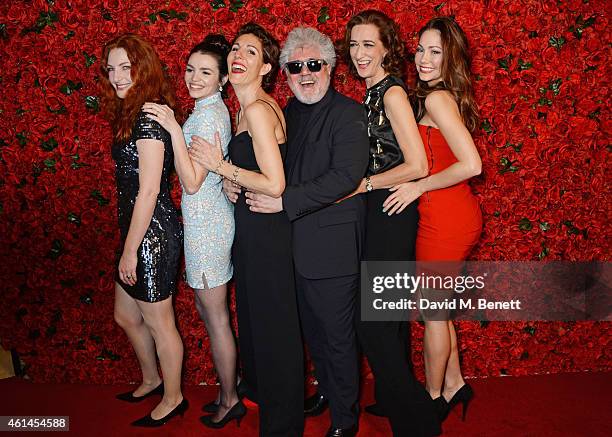 Willemijn Verkaik, Seline Hizli, Tamsin Greig, Pedro Almodovar, Haydn Gwynne and Anna Skellern attend an after party following the press night...