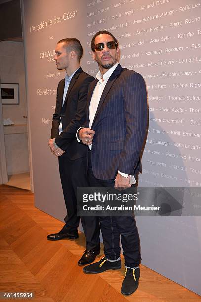 Ymanol Perset and Didier Morville aka JoeyStarr attend the 'Cesar - Revelations 2015' Cocktail Party at Salons Chaumet on January 12, 2015 in Paris,...