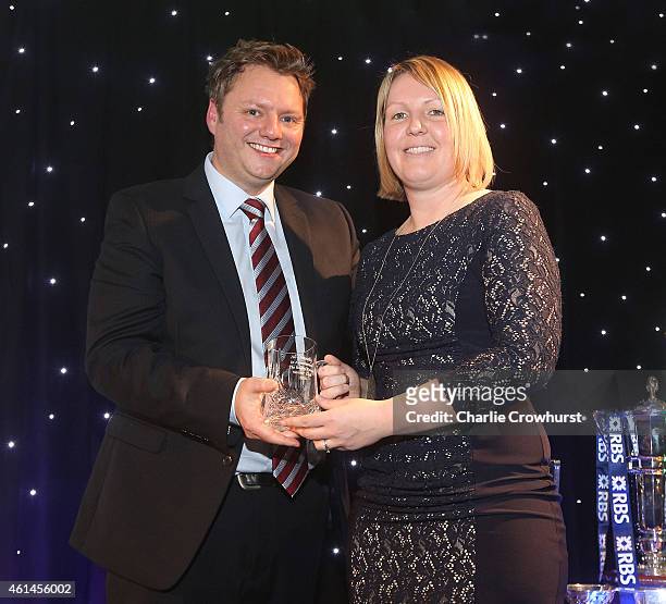 Ali Donnelly accepts her Rugby Union Writers Club tankard during the Rugby Union Writers Club Annual Dinner & Awards Evening at The Marriott Hotel...