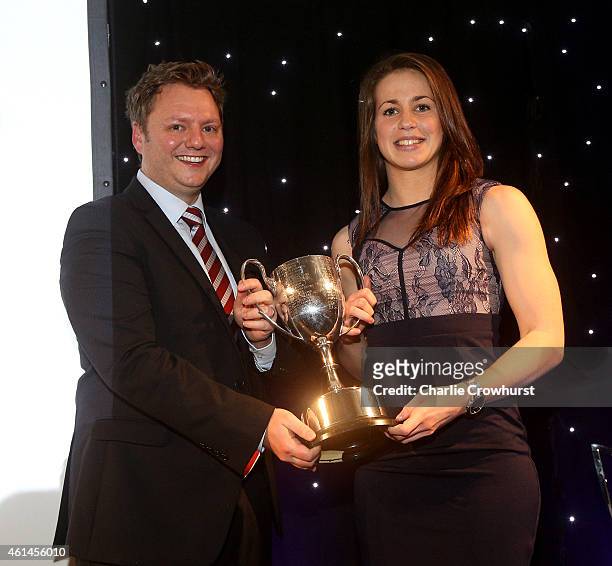 Emily Scarratt accepts the Pat Marshall Award during the Rugby Union Writers Club Annual Dinner & Awards Evening at The Marriott Hotel Grosvenor...