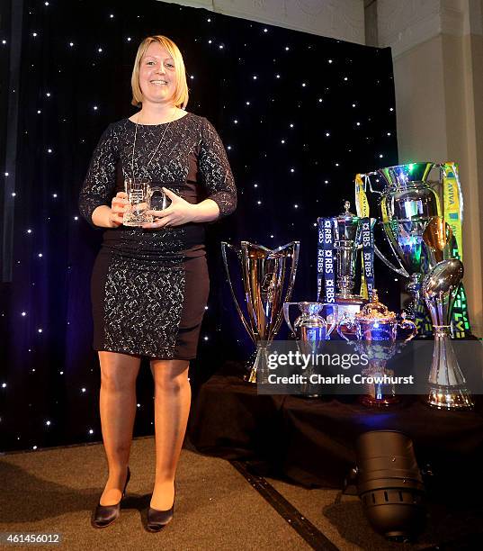 Ali Donnelly collects her Rugby Union Writers Club tankard during the Rugby Union Writers Club Annual Dinner & Awards Evening at The Marriott Hotel...