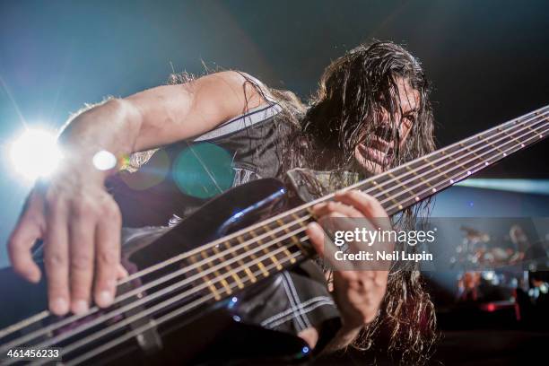 Robert Trujillo of Metallica performs at the O2 Arena during the Death Magnetic World Tour on February 28, 2009 in London, England.