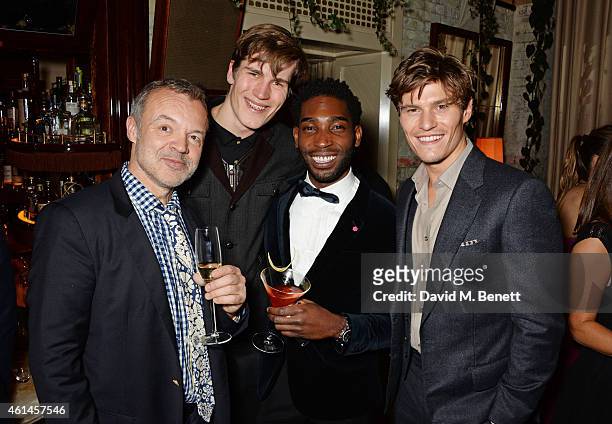 Graham Norton, guest, Tinie Tempah and Oliver Cheshire attend the launch of Tom Ford's new fragrance "Noir Extreme" at The Chiltern Firehouse on...