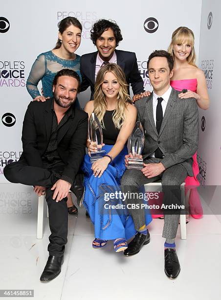 Actors Mayim Bialik, Kunal Nayyar, Melissa Rauch, Johnny Galecki, Kaley Cuoco and Jim Parsons of The Big Bang Theory pose in the CBS/People's Choice...