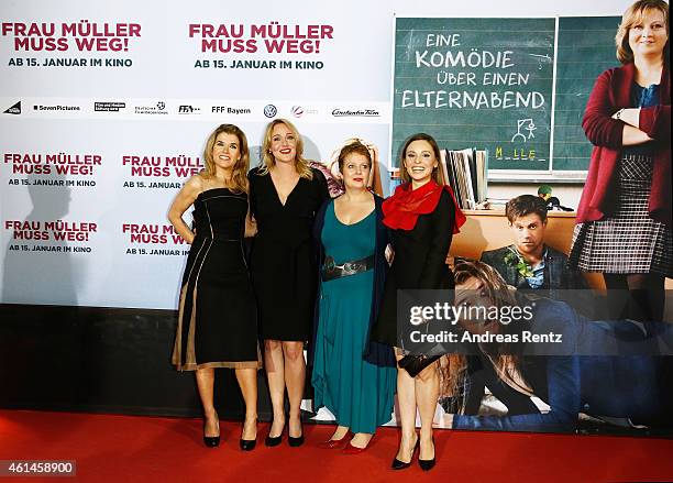 Anke Engelke, Alwara Hoefels, Gabriela Maria Schmeide and Mina Tander attend the premiere of the film 'Frau Mueller muss weg' at Cinedom on January...