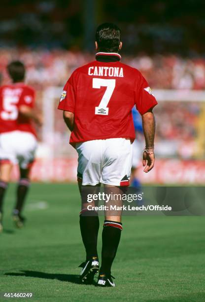 August 1994 FA Charity Shield Football - Blackburn Rovers v Manchester United, Eric Cantona wearing the the number 7 United shirt, with his collar...