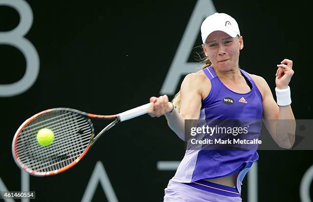 Johanna Larsson of Sweden plays a forehand in her second round match against Kurumi Nara of Japan during day three of the Hobart International at...