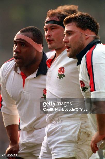 February 1994 Five Nations Rugby - England v Ireland, Twickenham, The England front row of Victor Ubogu, Brian Moore and Jason Leonard prepare to...