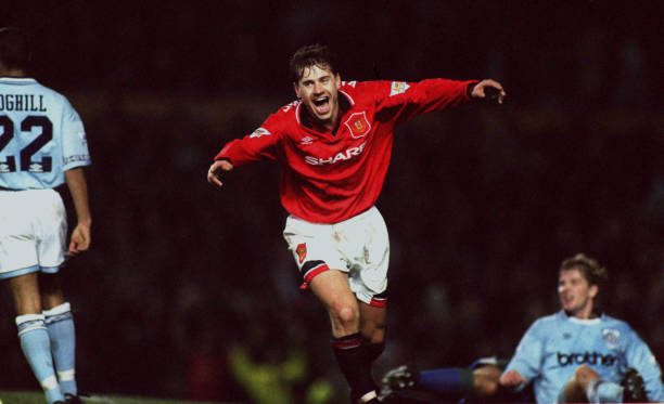 November 1994 FA Premiership Manchester United v Manchester City, Andrei Kanchelsekis celebrates his hat trick goal for United.