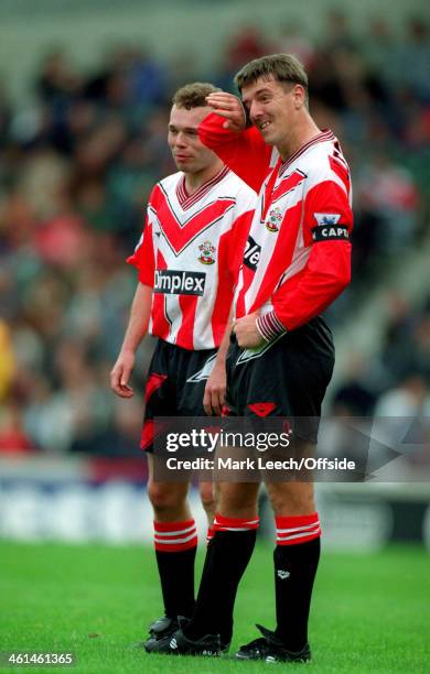 May 1994 FA Premiership - West Ham United v Southampton, Matt Le Tissier wipes his eye as he stands next to Southampton teammate Simon Charlton.