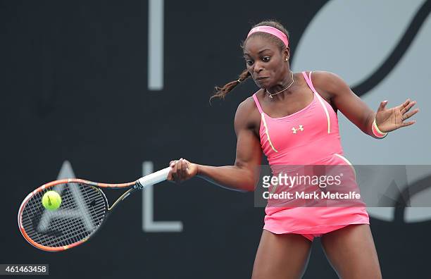 Sloane Stephens of the USA plays a forehand in her second round match against Heather Watson of Great Britain during day three of the Hobart...