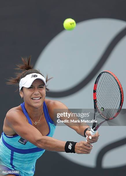 Heather Watson of Great Britain plays a backhand in her second round match against Sloane Stephens of the USA during day three of the Hobart...