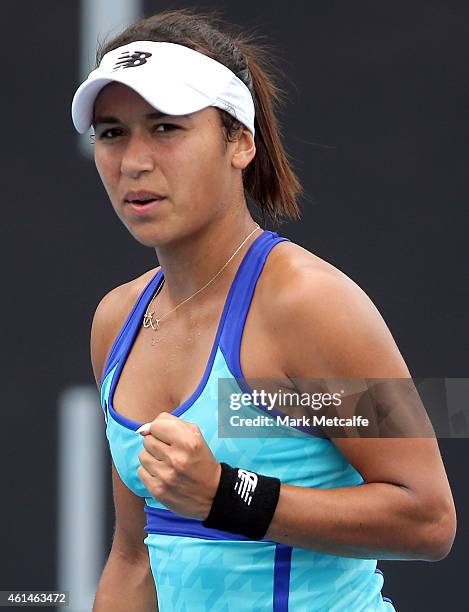 Heather Watson of Great Britain celebrates winning a point in her second round match against Sloane Stephens of the USA during day three of the...