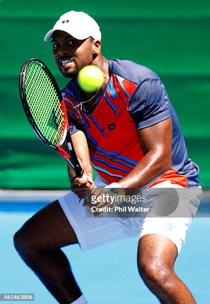 Donald Young of the USA plays a backhand in his singles match against Go Soeda of Japan during day two of the 2015 Heineken Open Classic at Auckland...