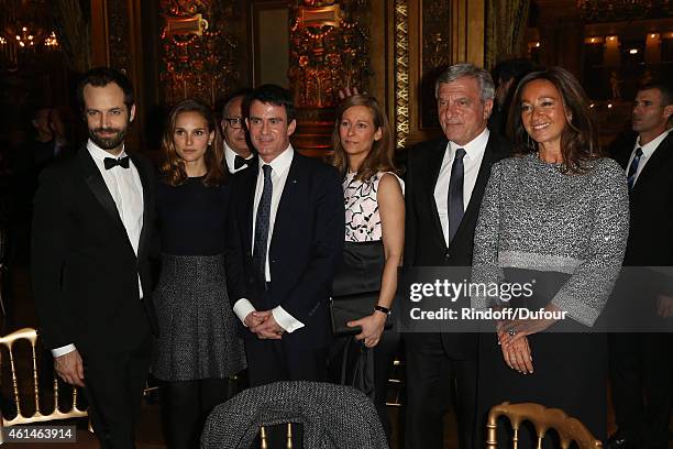 Benjamin Millepied, Natalie Portman, Manuel Valls, Anne Gravoin, Sidney Toledano and Katia Toledano attend the Pasteur Weizmann Institute 40th...