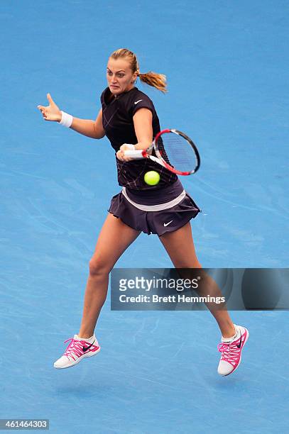 Petra Kvitova of the Czech Republic plays a forehand shot in her quarter final match against Tsvetana Pironkova of Bulgaria during day five of the...