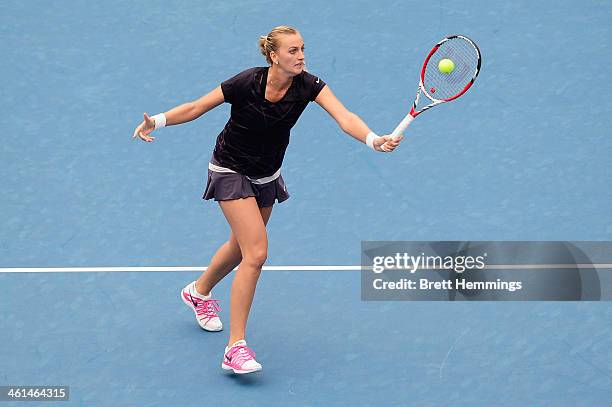 Petra Kvitova of the Czech Republic plays a forehand shot in her quarter final match against Tsvetana Pironkova of Bulgaria during day five of the...