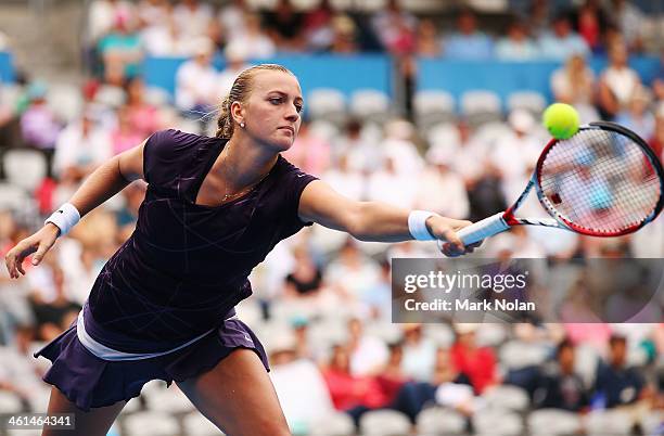 Petra Kvitova of the Czech Republic plays a backhand in her match against Tsvetana Pironkova of Bulgaria during day five of the 2014 Sydney...