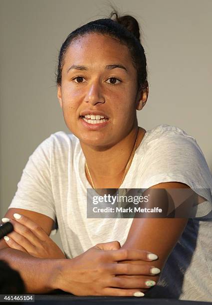 Heather Watson of Great Britain speaks to media after winning her second round match against Sloane Stephens of the USA during day three of the...