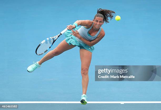Roberta Vinci of Italy serves in her second round match against Annika Beck of Germany during day three of the Hobart International at Domain Tennis...