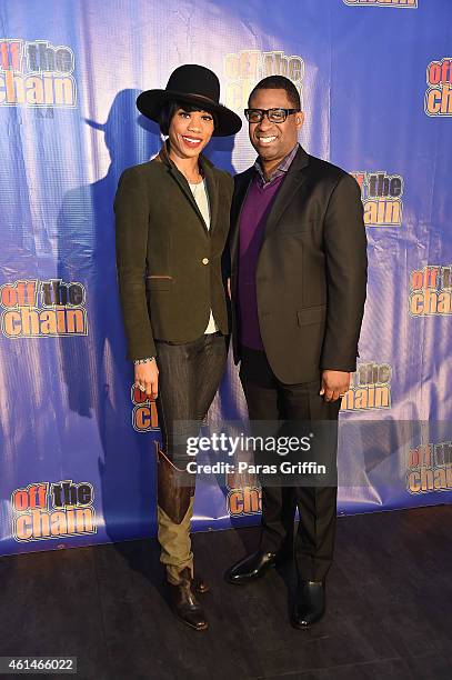 Recording artist Algebra and Bounce TV president Ryan Glover attends Bounce TV Rodney Perry's One Hour "Off The Chain" Comedy Special Screening at...