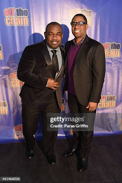 Rodney Perry and Ryan Glover attend Bounce TV Rodney Perry's One Hour "Off The Chain" Comedy Special Screening at Museum Bar on January 12, 2015 in...