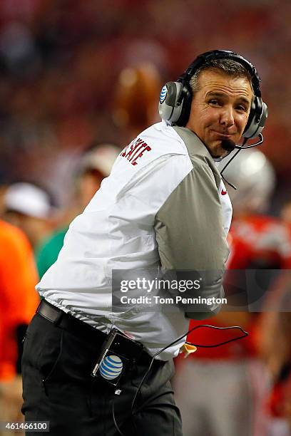 Head Coach Urban Meyer of the Ohio State Buckeyes reacts to a play in the second half against the Oregon Ducks during the College Football Playoff...