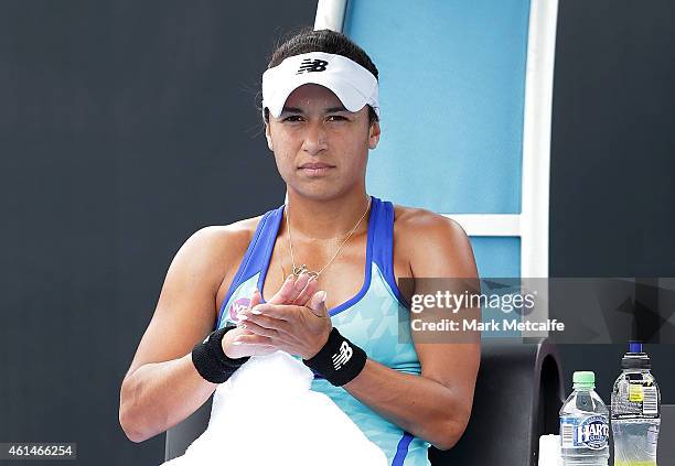 Heather Watson of Great Britain looks on in her second round match against Sloane Stephens of the USA during day three of the Hobart International at...