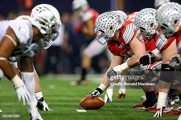 Center Jacoby Boren of the Ohio State Buckeyes prepares to snap the ball against the Oregon Ducks during the College Football Playoff National...