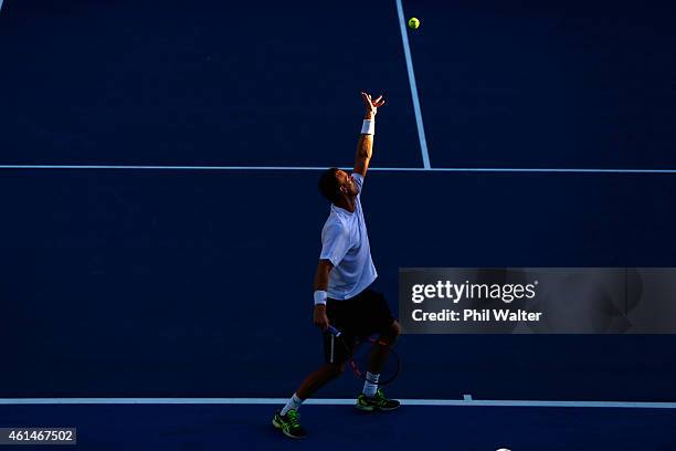 Michael Venus of New Zealand serves in his singles match against Alejandro Gonzalez of Colombia during day two of the 2015 Heineken Open Classic at...