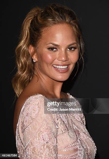 Model Chrissy Teigen attends the 2015 InStyle And Warner Bros. 72nd Annual Golden Globe Awards Post-Party at The Beverly Hilton Hotel on January 11,...