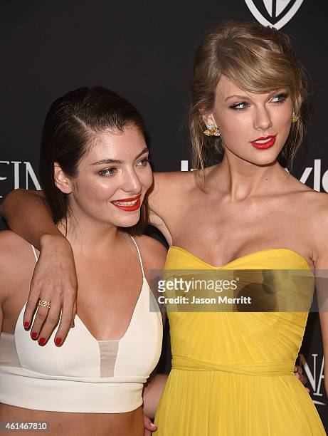 Recording artist Lorde and recording artist Taylor Swift attend the 2015 InStyle And Warner Bros. 72nd Annual Golden Globe Awards Post-Party at The...