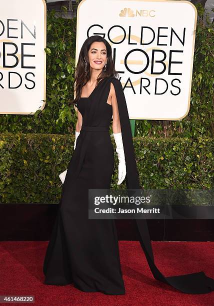 Amal Clooney attends the 72nd Annual Golden Globe Awards at The Beverly Hilton Hotel on January 11, 2015 in Beverly Hills, California.