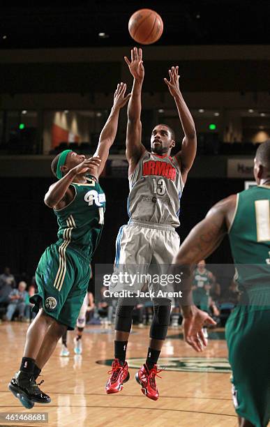 Bruce Massey of the Springfield Armor shoots against the Reno Bighorns during the 2014 NBA D-League Showcase presented by Samsung Galaxy on January...