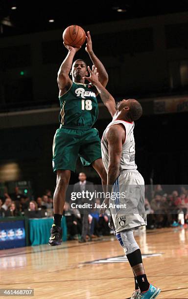 DeQuan Jones of the Reno Bighorns shoots the ball against the Springfield Armor during the 2014 NBA D-League Showcase presented by Samsung Galaxy on...