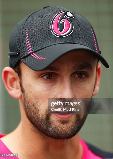 Nathan Lyon speaks to the media during a Sydney Sixers Big Bash League training/media session at Sydney Cricket Ground on January 9, 2014 in Sydney,...